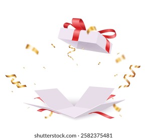 Open Gift Box With Falling Confetti. Present box for birthday, Christmas and New Years 