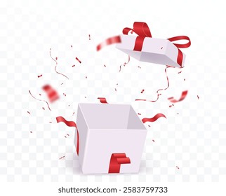 Open Gift Box With Falling Confetti. Present box for birthday, Christmas and New Years celebrations