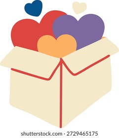 Eine offene Geschenkbox voller Herzen, die Überraschungen, Zuneigung und freudige Momente des Gebens repräsentiert.