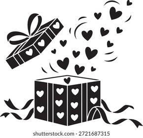 Open Gift Box with Floating Hearts Black Stencil Illustration