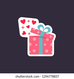 Open gift box with fly hearts. Flat style sticker isolated on background. Love symbol, logo sign. Valentine s Day vector illustration.