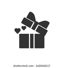 Open gift box with fly hearts. Love symbol, logo sign. Valentine's Day vector illustration. Editable stroke.