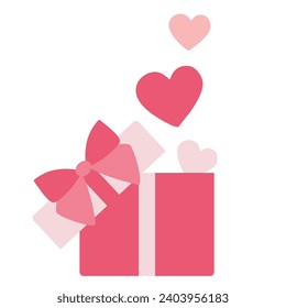Open gift box with fly hearts. Valentine day Concept. Colorful flat design Vector illustration isolated on white. 14 February romantic present. Holiday design art for Decoration, Postcard template.