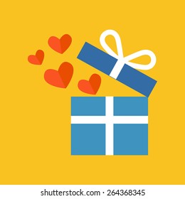  Open Gift Box With Fly Hearts. Colorful Flat Design Icon.  Vector Illustration