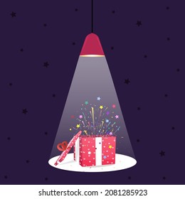 Open Gift Box with fly stars and confetti. Christmas Background. Vector Illustration.