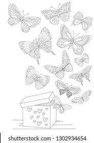 open gift box with flying butterflies for your coloring page  