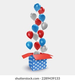 Open gift box with flying color balloons. Festive art object for usa independence day. American national celebration design element. Bright vector 3d cartoon illustration in minimal realistic style.