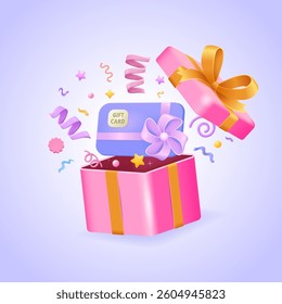 Open gift box with flying confetti and gift card. Birthday surprise, voucher, and certificate for special holiday. Festive present with ribbon and bow. Promotional sale banner. 3d vector illustration.