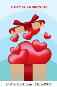 Open gift box with flying hearts. Valentines's day card.