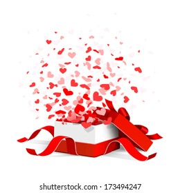 Open gift box with flying hearts isolated on white