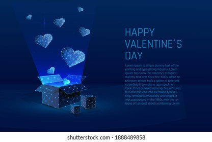 open gift box and flying hearts. Happy Valentine's Day. The symbol of the Day of pure love, strong relationships, wireframe. vector illustration.
Low poly. dark blue background. plexus, triangle, dot