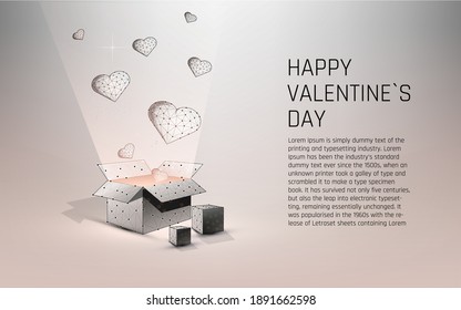open gift box and flying hearts. Happy Valentine's Day. The symbol of the Day of pure love, strong relationships, wireframe. vector illustration. Low poly. white background. plexus, triangle, dot
