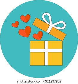 Open gift box with flying hearts. Vector flat design