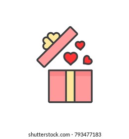 Open gift box with flying hearts flat line colored icon.