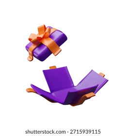 Abra la tapa voladora de la caja de regalo en colores púrpura y naranja. Ilustración tridimensional, sorpresa, celebración. Promociones de Festiva, ofertas especiales, conceptos de regalo, Anuncios de marketing, publicaciones en redes sociales