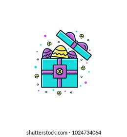 Open gift box full of Easter eggs - flat color line icon. Spring christian holiday present sign, symbol, pictogram, design element in thin linear design. 