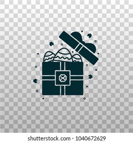 Open gift box full of Easter eggs - black silhouette icon. Spring christian holiday present sign, symbol, pictogram, design element. 