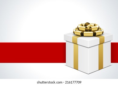 Open gift box  with gold bow and ribbon vector background.