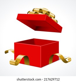 Open gift box and with gold bow and ribbon vector template isolated on white background 