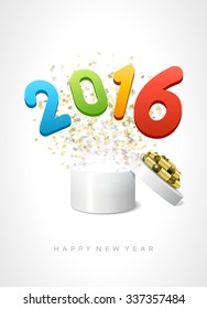 Open gift box with gold bow and ribbon vector background. 3d 2016 happy new year message. 