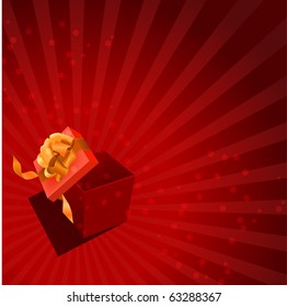Open gift box with gold bow on red background.