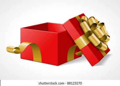 Open gift box with gold bow and ribbon isolated on white. Vector illustration eps 10.