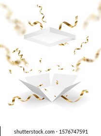 Open Gift Box With Gold Confetti Isolated On White Background. Vector