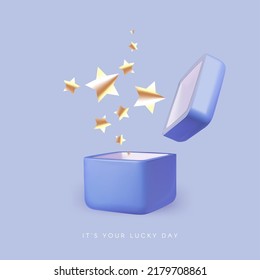 Open gift box with gold flying stars. Surprise, bonus, birthday and win design