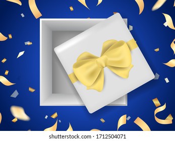 Open Gift box with golden bow with falling serpentine. Vector stock illustration for poster