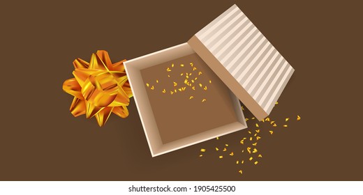 Open gift box, golden bow and confetti. Festive design for Valentine's day, Wedding, Mother's Day