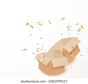 Open gift box with Golden confetti , celebrations banner and background