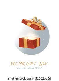 Open gift box with golden ribbon and sparkles. Cartoon style vector design.