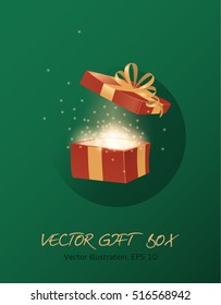Open gift box with golden ribbon and sparkles on green background. Cartoon style vector design.