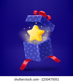 Open gift box with golden star. 3d vector illustration