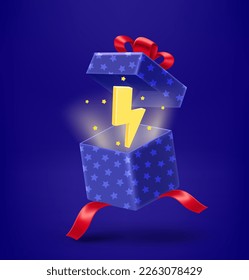 Open gift box with golden thunderbolt. 3d vector illustration