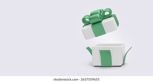 Open Gift Box with Green Ribbon and Bow in 3D Style Floating on Light Background. Perfect for Celebration, Holiday, or Surprise-Themed Designs. Vector Illustration.