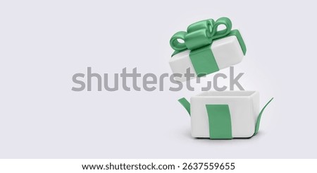 Open Gift Box with Green Ribbon and Bow in 3D Style Floating on Light Background. Perfect for Celebration, Holiday, or Surprise-Themed Designs. Vector Illustration.