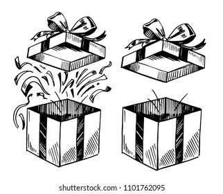 Open gift box. Hand drawn illustration converted to vector. Isolated