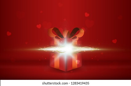 Open gift box with Happy Valentine's days bright rays of light. vector illustration