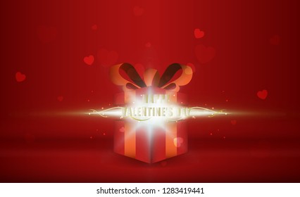 Open gift box with Happy Valentine's days bright rays of light. vector illustration
