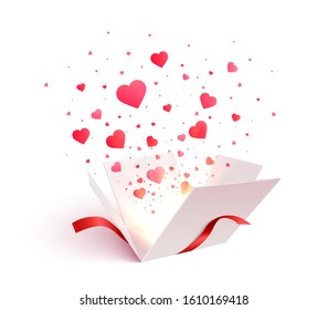 Open gift box with heart shape confetti burst explosion. 3d vector Valentines Day concept. Romantic gift