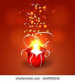 Open gift box with hearts and beams of light