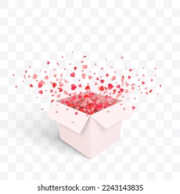 Open Gift Box with Hearts Confetti Burst. Valentines Day Design