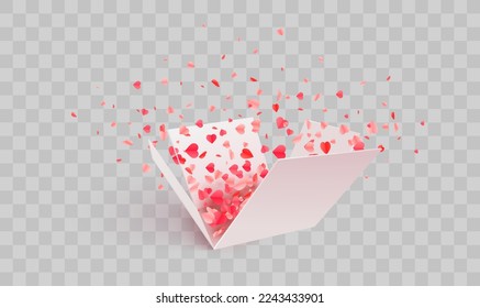Caja de regalo abierta con ráfaga de Confetti del corazón. Diseño de San Valentín