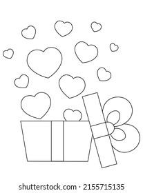 Open gift box with hearts. Draw illustration in black and white