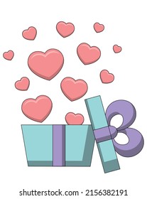 Abrir caja de regalo con corazones. Dibujar ilustración en color