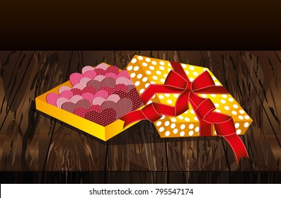 Open gift box with hearts inside. Valentine's Day. Greeting card. Vector illustration isolate on wooden background.