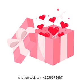 Open gift box with hearts. Vector illustration for Valentine's Day and romantic concept. Flat design. Isolated on white background