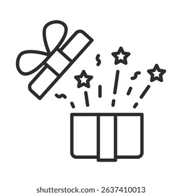 open gift box icon, revealed mystery box, present, festive package, thin line vector illustration eps10