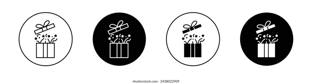 Open gift box icon set. open birthday or christmas surprise present box vector symbol. magic mystery box line icon.